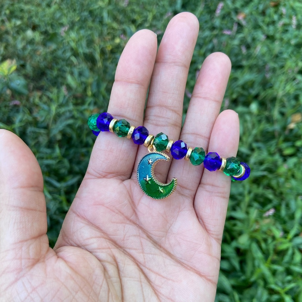🌙Blue Plated Enamel Moon Celestial Charm Glass Bead Stackable Bracelet